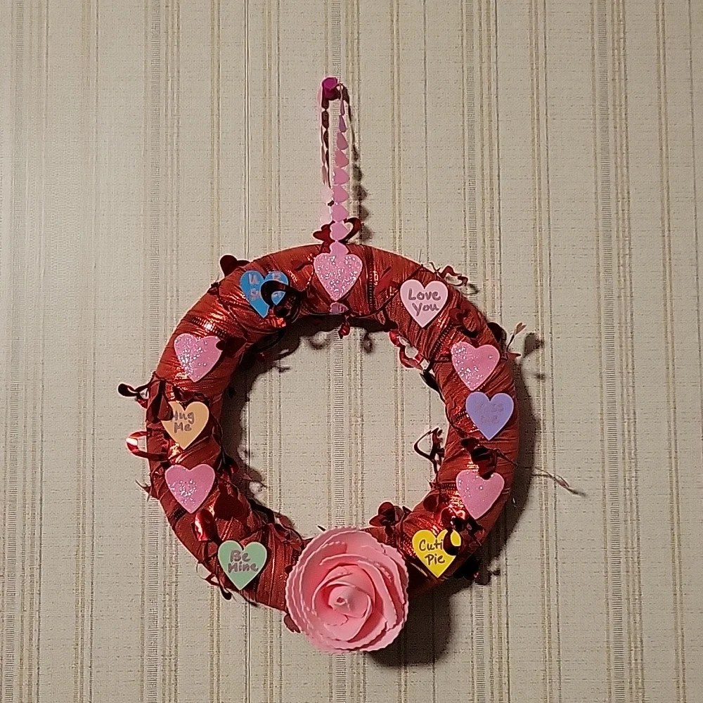 HAND CRAFTED WREATH VALENTINE'S CONVERSATION HEARTS AND ROSE